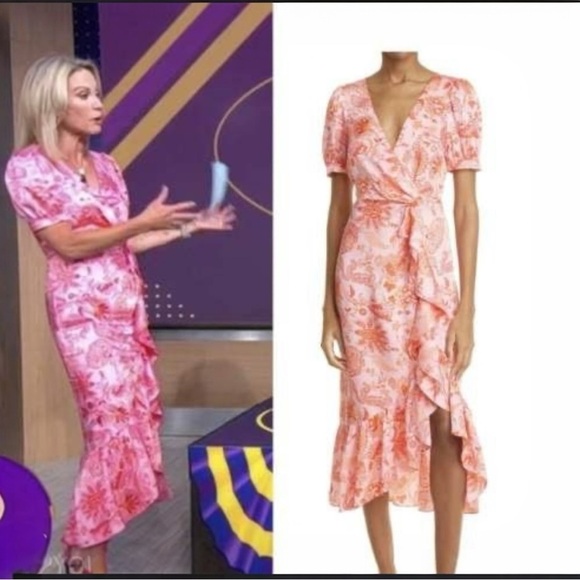 CINQ A SEPT Kay Faux Wrap Floral Print Short Flutter Sleeve MIDI Cocktail Dress - Picture 7 of 15